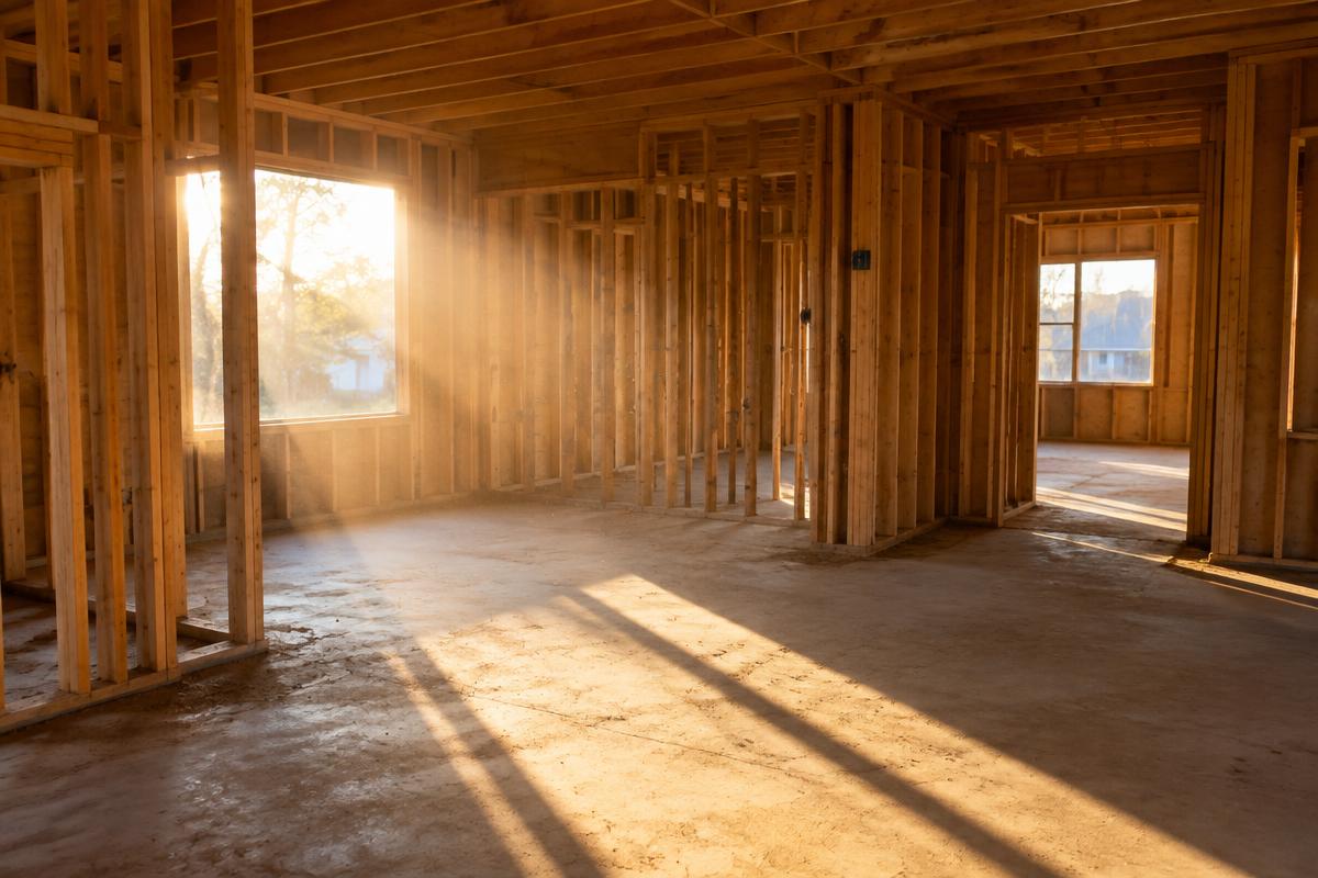 Inside a freshly framed house with sunlight through the studs