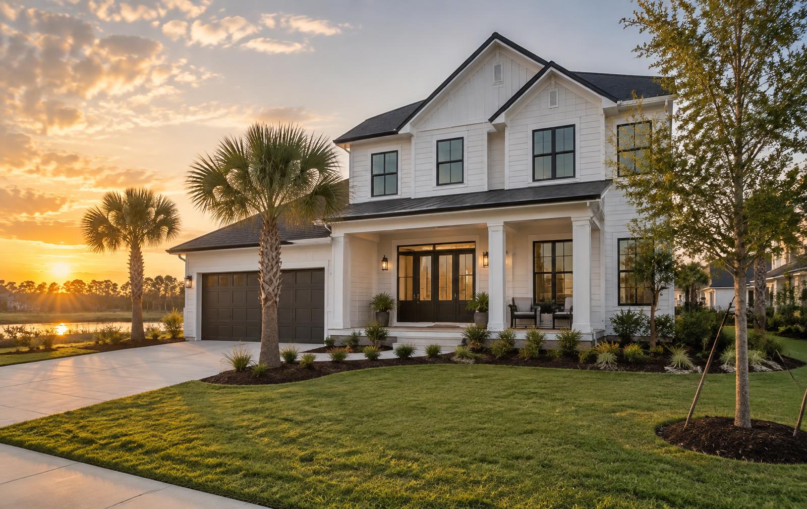 New construction home at sunset in Northeast Florida